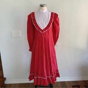 Vintage Red Heart Print Long Sleeve Maxi Dress Cottagecore